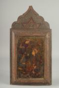A PERSIAN QAJAR OIL PAINTING IN A KHATAMKARI / MICRO MOSAIC FRAME, 41cm x 21.5cm overall.