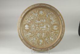 AN EYGPTIAN SILVER INLAID BRASS TRAY, 60cm diameter.