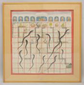 A RARE LARGE 19TH CENTURY INDIAN PAINTED FABRIC, depicting snakes and ladders with Hindu deities,