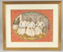 A FINE LARGE 19TH CENTURY INDIAN PAINTING OF THREE NOBLEMEN, painted with a floral border heightened