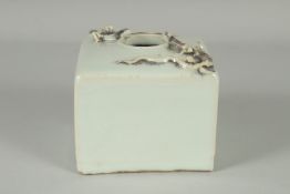 A LARGE CHINESE PORCELAIN SQUARE-FORM WATER POT, with two moulded chilong to shoulder, 11.5cm