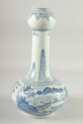 A CHINESE BLUE AND WHITE 'GARLIC HEAD' PORCELAIN VASE, painted with a continuous landscape scene,