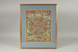 A TIBETAN THANGKA, with gilded highlights, framed and glazed, image 36cm x 29cm.