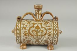 A FINE 18-19TH CENTURY HISPANO MORESQUE LUSTED BARREL SHAPED VESSEL, 20cm long.