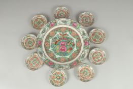 A CHINESE FAMILLE ROSE PLATE, together with nine similar dishes, (10).