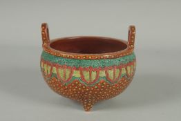 AN UNUSAL CHINESE CARVED AND PAINTED PORCELAIN TRIPOD CENSER, with spotted decoration on a burnt