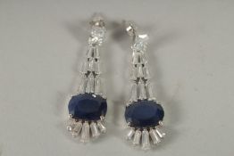 A PAIR OF SILVER, REAL SAPPHIRE DECO STYLE, DROP EARRINGS.