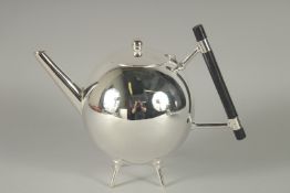 A CHRISTOPHER DRESSER STYLE SILVER PLATED, GLOBULAR TEAPOT.