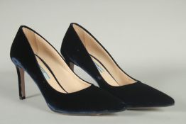 A PAIR OF PRADA BLUE VELVET SHOES in box. Size UK 36.5