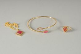 A SILVER GILT RUBY BANGLE AND RING.