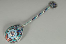 A GOOD RUSSIAN SILVER AND ENAMEL SPOON. 19.5cm long. Mark: Head, H.K. Weight: 27gms.