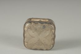 A DUTCH SQUARE SILVER PILL BOX. 5cm square, 20gms.