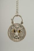 A SILVER CAT PADLOCK PENDANT AND CHAIN.