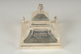 A HEAVY SILVER TROPHY INKWELL of classical form. 5ins high, Schroder Investment Management London