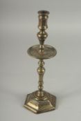 A CLASSICAL BRONZE HEXAGONAL CANDLESTICK. 15.5ins high.