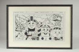 TIM MARWOOD (1954 - 2008) THOMAS THE TANK ENGINE, CRANES AND TRAINS, Signed. 9ins x 16ins