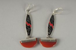 A PAIR OF SILVER AND CORNILIAN DROP EARRINGS.
