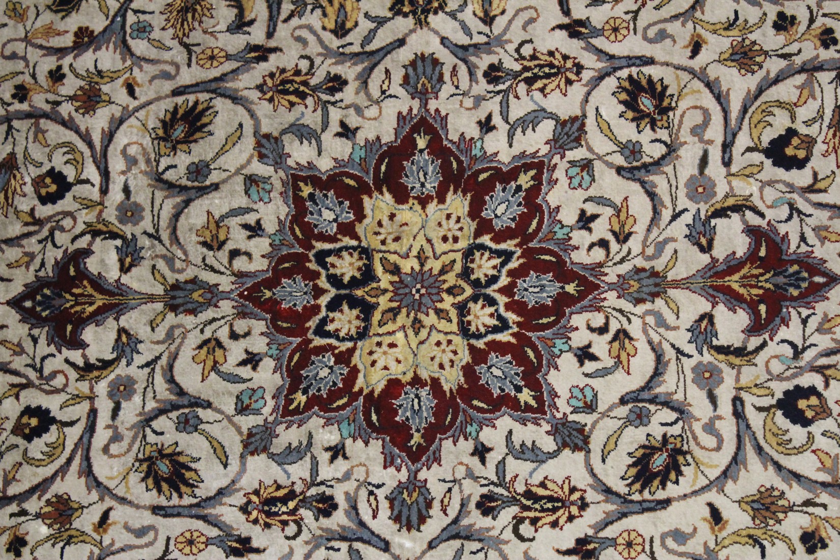 A GOOD SMALL PERSIAN SILK RUG beige ground with all over stylised decoration. 5ft x 3ft. - Image 2 of 3
