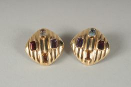 A PAIR OF 14CT GOLD MULTI GEM EARRINGS.