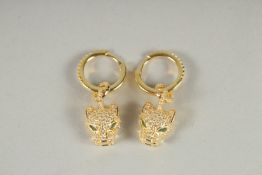 A PAIR OF SILVER, GOLD PLATED PANTHER HOOP EARRINGS