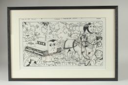 TIM MARWOOD (1954 - 2008) THOMAS THE TANK ENGINE, TRACTOR TRAIN, Signed. 9ins x 16ins