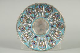 A RUSSIAN SILVER AND ENAMEL CIRCULAR SAUCER. 11.5cm diameter. Mark: Head A.F. Weight: 60gms.