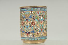 A GOOD RUSSIAN SILVER AND ENAMEL BEAKER. 8.5cm high, 6.5cm diameter. Mark: 84. J.J. Weight: 148gms.