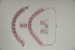A GOOD SILVER RUBY & C Z NECKLACE, EARRINGS AND BRACELET.