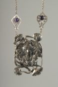 A SILVER AND AMETHYST NOUVEAU STYLE NECKLACE.