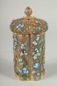 A FINE EARLY 20TH CENTURY CHINESE POLYCHROME ENAMELLED GILT SILVER LIDDED JAR, inset with