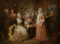 Circle of Hogarth, figures in a parlour with an ill-tempered matriarch, oil on board, 9.5