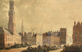 Circle of Clarkson Stanfield, market day in Bruges, watercolour, 9.75