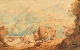 Early 19th Century English School, a view of buildings in an Italianate landscape, watercolour, 4