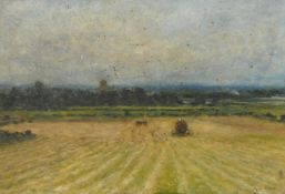 Arthur George Bell (1849-1916), figures loading a haycart in a sweeping landscape, oil on panel,