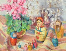 Elizabeth Sharp, 20th Century, a still life study with flowers and a family of Russian dolls, oil on