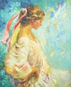 Royo, Jose Mateu San Hilario, 'Entre Azules', an elegant female figure, serigraph, signed in