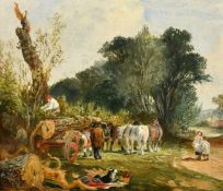Circle of Herring, figures loading a logging cart, oil on board, 6