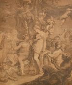 An Antique print possibly of Bacchus and Venus with cherubs in attendance 13.75