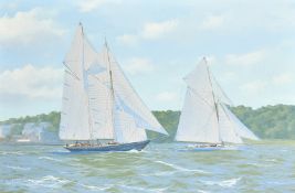 Ron Charles Mitchell (b. 1960), classic yachts racing off of Cowes, oil on canvas, signed and
