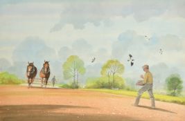 Bryan Conway (20th Century), figures and horses ploughing a field, watercolour, signed, 14