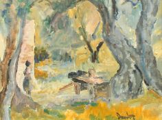 Ronald Ossory Dunlop (1894-1973), a figure by a cart in a landscape, oil on canvas, signed, 12