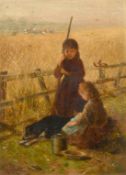 Burnett, English School, Circa 1874, children and a dog resting in a landscape with figures