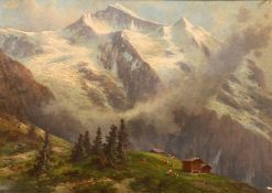 Burki, Continenatl School, late 19th Century, livestock and mist in an Alpine valley, oil on