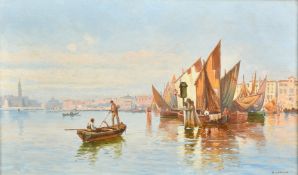 Michel Martino (1889-1969) Italian, boats drying their sails on a Venetian lagoon, oil on canvas,