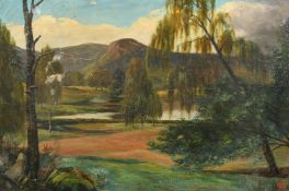 H. Mackenzie, Circa 1887, a view of a mountain lake through tress, oil on canvas, signed with
