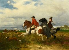 Julius Schgoer (1842-1885) German, a lady and gentleman with their hounds chasing a deer through