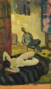Gabor Miklossy (1912-1998), a reclining nude in an artist's studio, oil on panel, 17