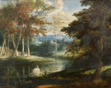19th Century English School, a view of a swan on a lake in a woodland glade, watercolour, 8