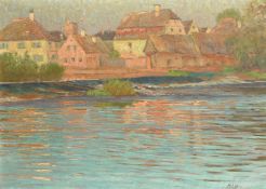 Anna Lohr (1870-1955) German, houses by a riverbank, oil on canvas, signed, exhibition labels verso,
