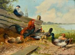Max Hanger (1874-1941) German, ducks and chickens in a lakeside setting, oil on panel, signed, 6.25
